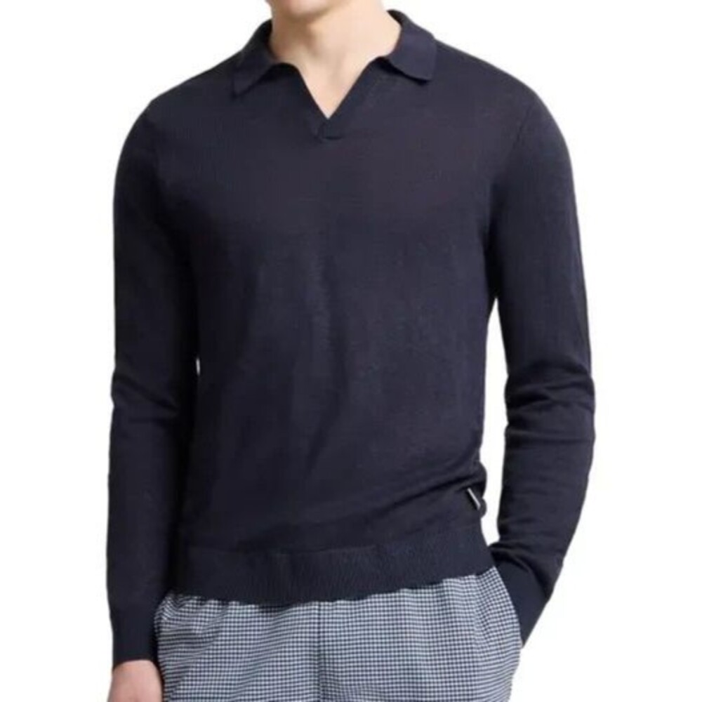 ONIA Sweater Mens XL Navy Blue Johnny Polo 100% Linen Long Sleeve $245